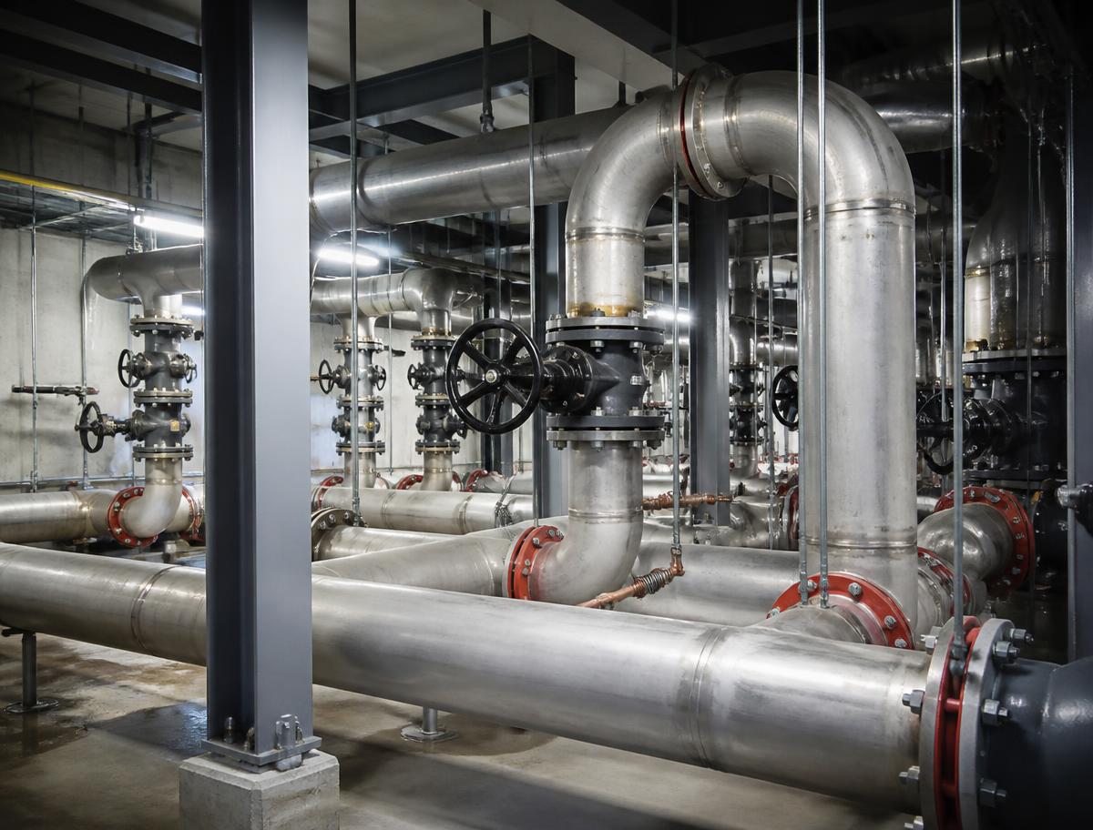 Large steel supply pipes and valves in a commercial building mechanical room
