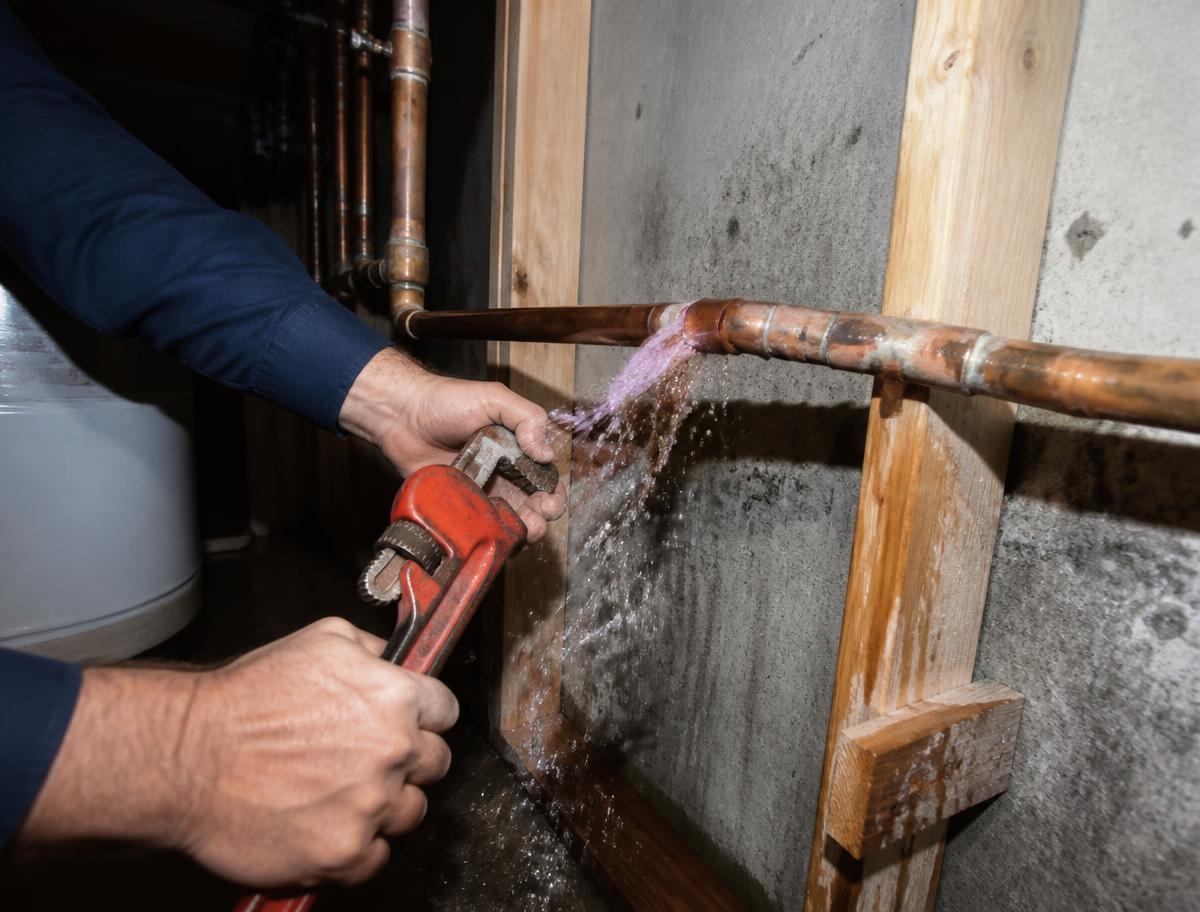 Plumber tightening a leaking copper water pipe in a Mississauga basement during an emergency call