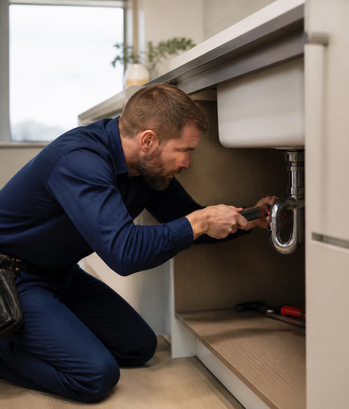 Professional plumber repairing the drain pipe under a kitchen sink in a modern Mississauga home